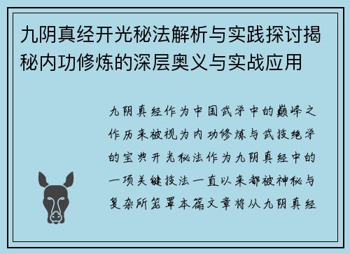 九阴真经开光秘法解析与实践探讨揭秘内功修炼的深层奥义与实战应用